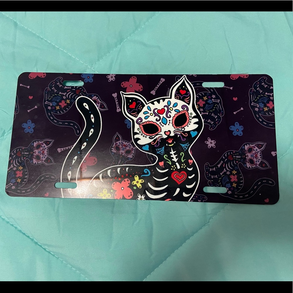 Sugar Skull Cat Decorative Car License Plate